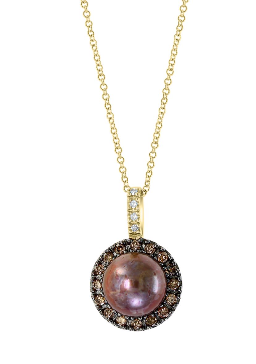 1/4 ct. t.w. White and Espresso Diamond and Brown Fresh Water Pearl Pendant Necklace in 14K Yellow Gold