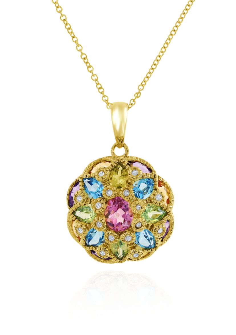 14K Precious Gems and Diamond Pendant Necklace