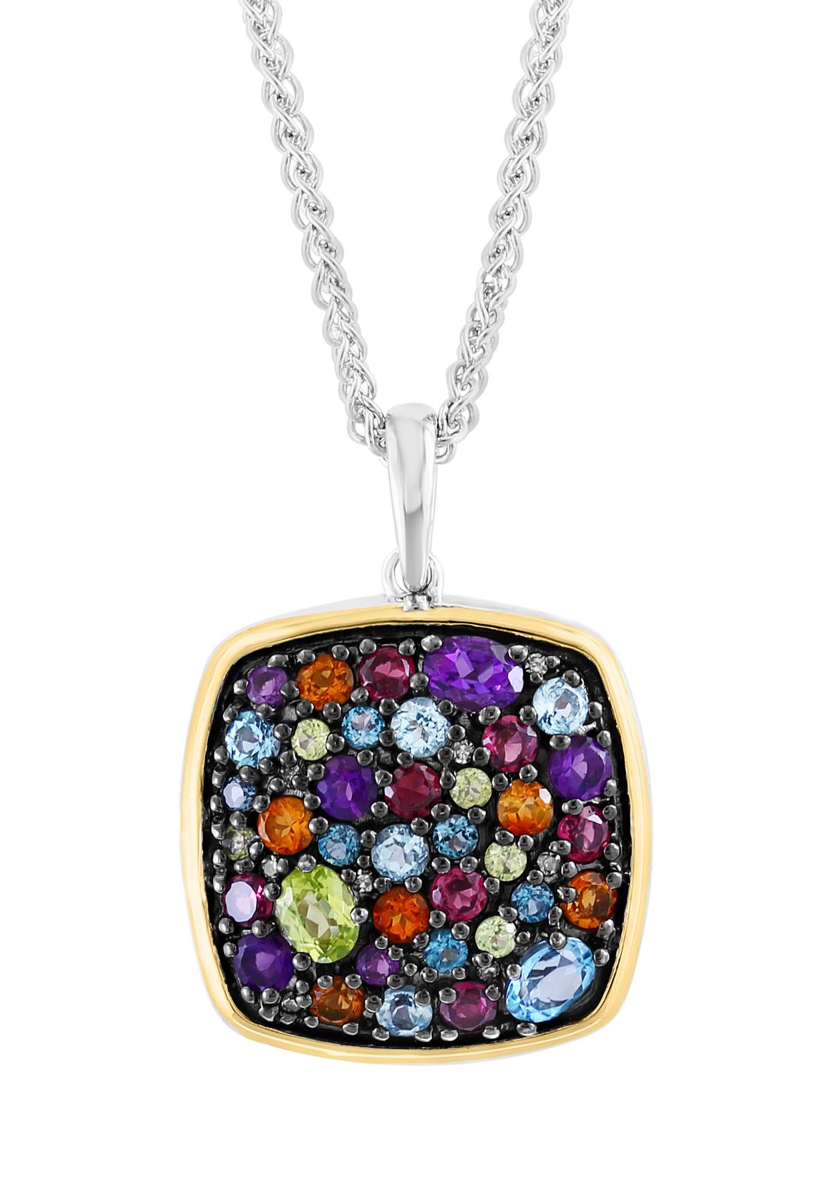 Diamond, Amethyst, Blue Topaz, London Blue Topaz, Citrine, Rhodolite, and Peridot Pendant Necklace in Sterling Silver and 14K Yellow Gold