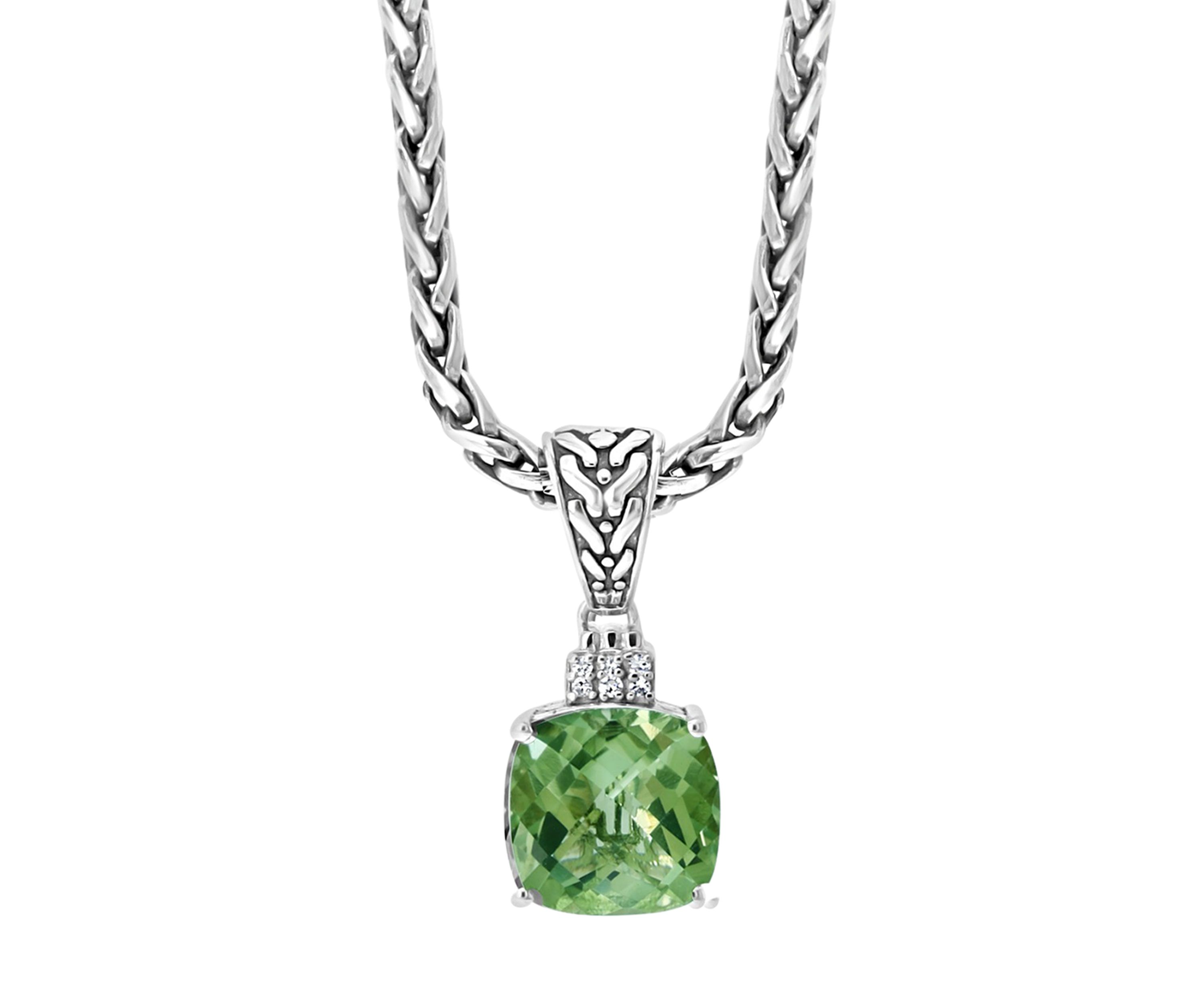 Sterling Silver 1/10 ct. t.w. Diamond and 4 ct. t.w. Green Amethyst Pendant