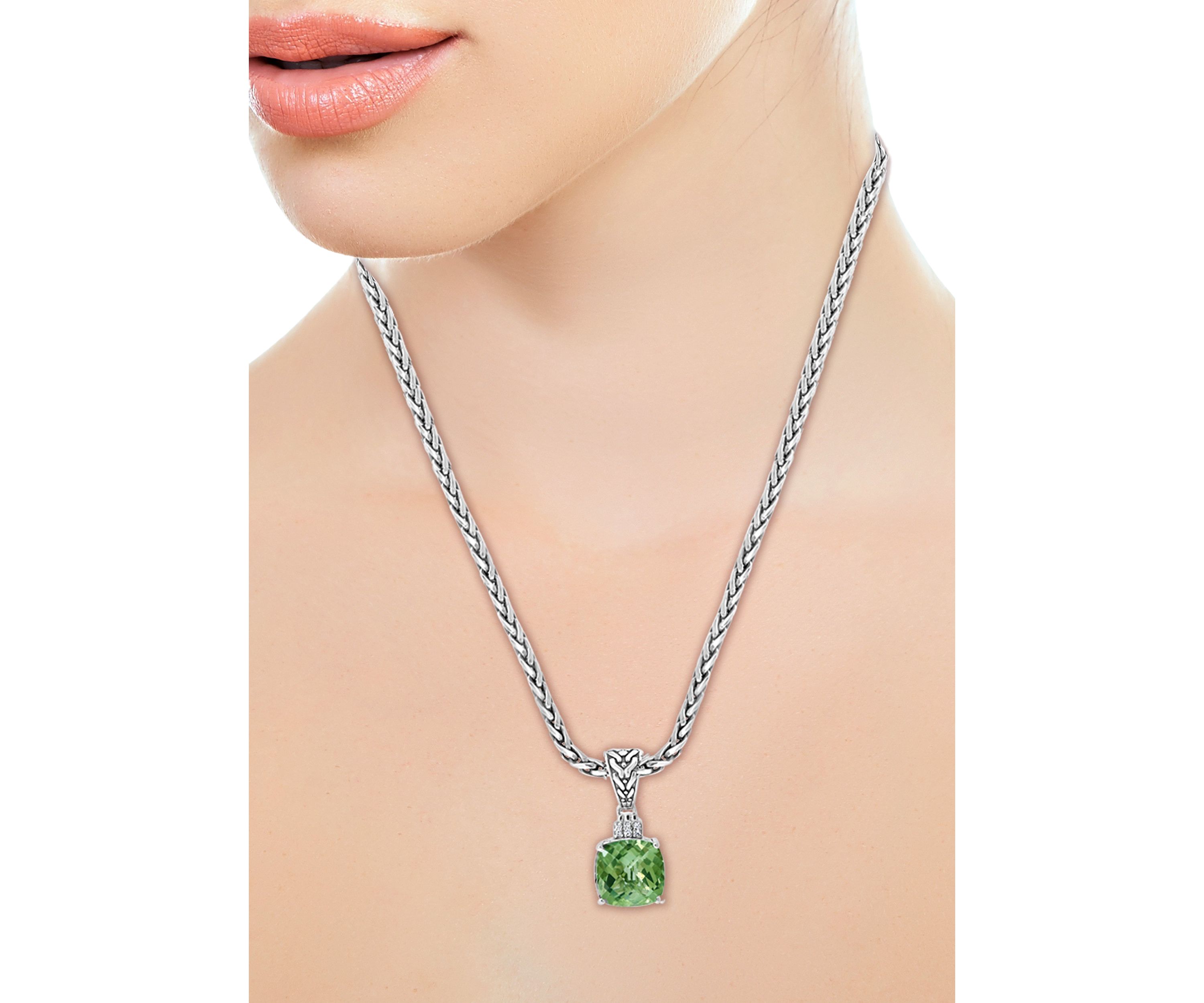 Sterling Silver 1/10 ct. t.w. Diamond and 4 ct. t.w. Green Amethyst Pendant
