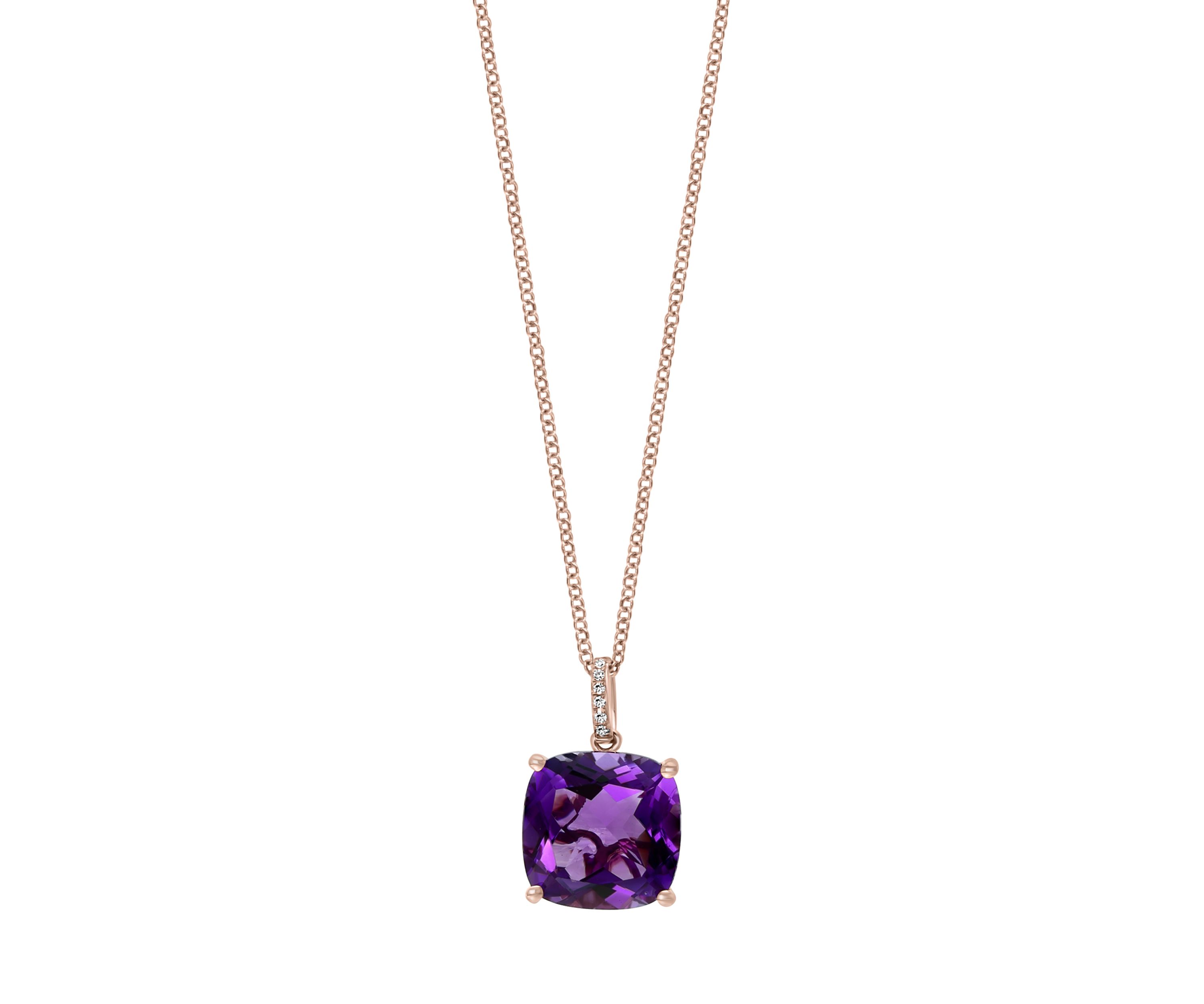 1/10 ct. t.w. Diamond and 6.6 ct. t.w. Amethyst Cushion-Cut Pendant Necklace in 14K Rose Gold