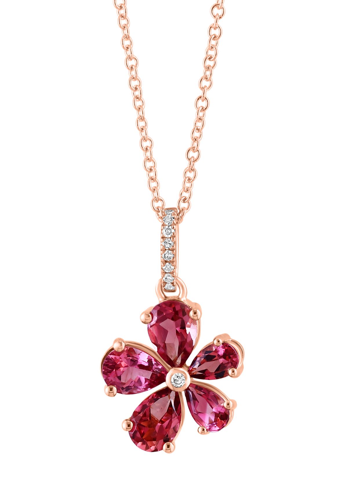 Diamond and Pink Tourmaline Flower Pendant Necklace in 14K Rose Gold