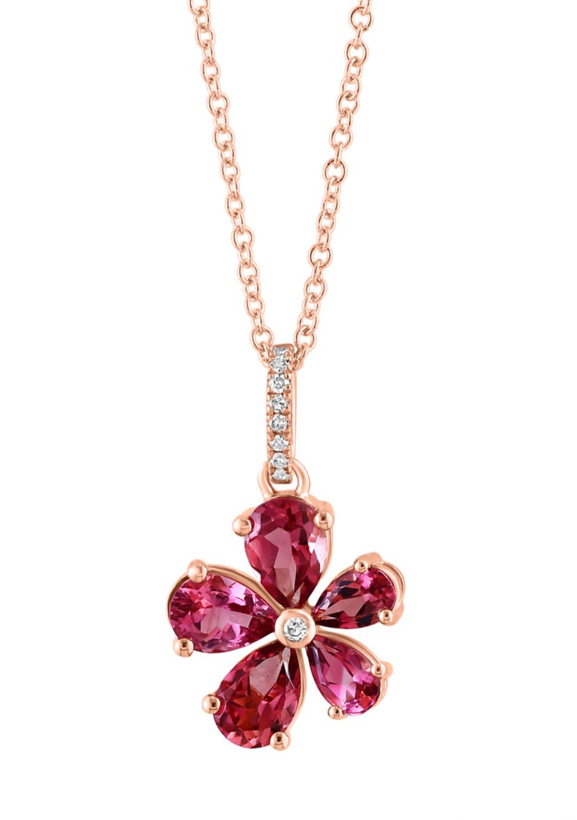 Diamond and Pink Tourmaline Flower Pendant Necklace in 14K Rose Gold