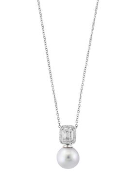 Effy 1/6 Ct. T.w. Diamond And Freshwater Pearl Pendant Necklace In 14K White Gold