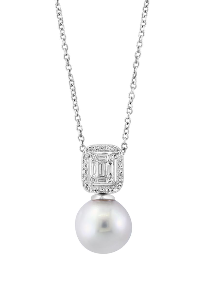 1/6 ct. t.w. Diamond and Freshwater Pearl Pendant Necklace in 14K White Gold
