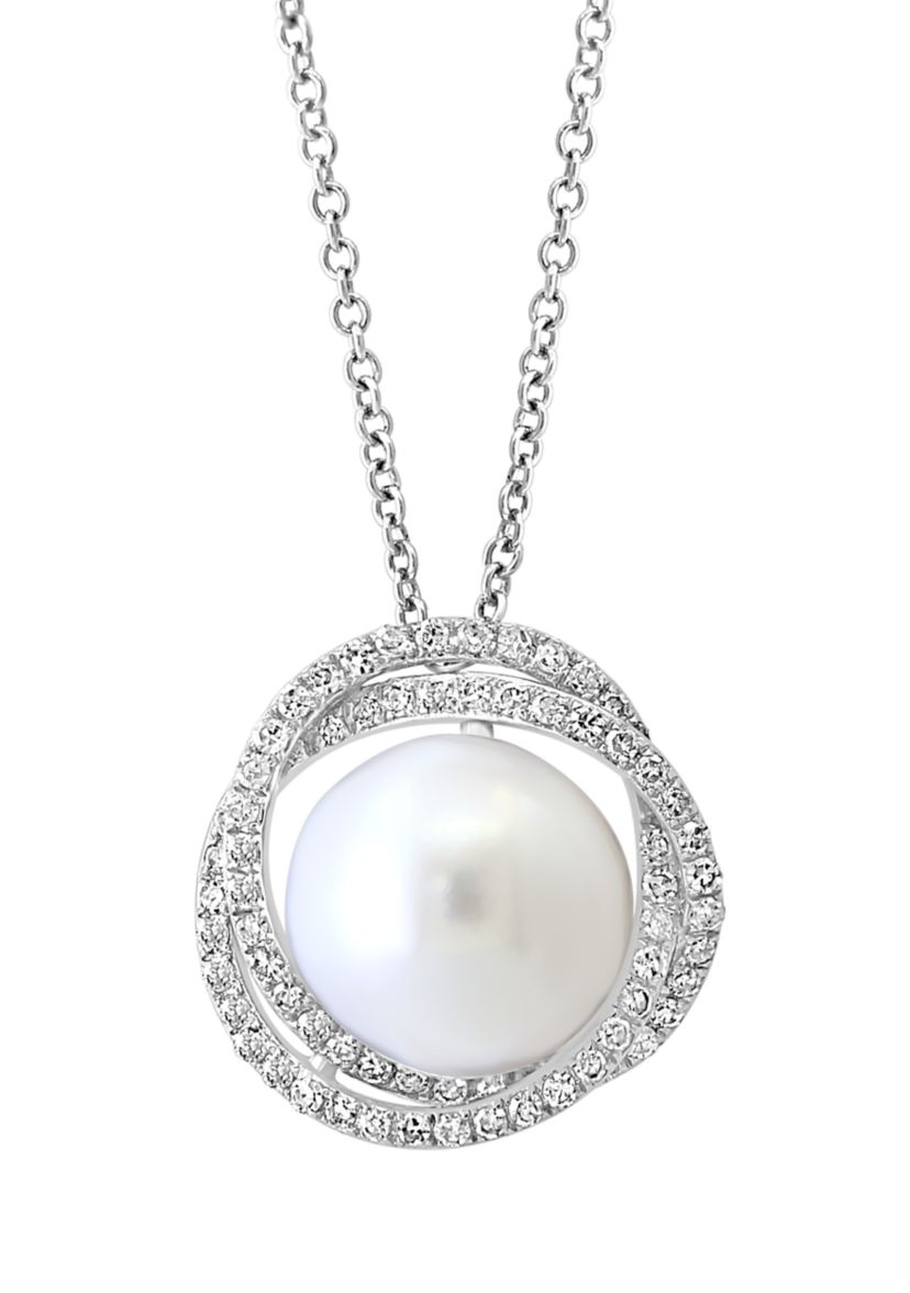 Diamond and Freshwater Pearl Pendant Necklace in 14K White Gold