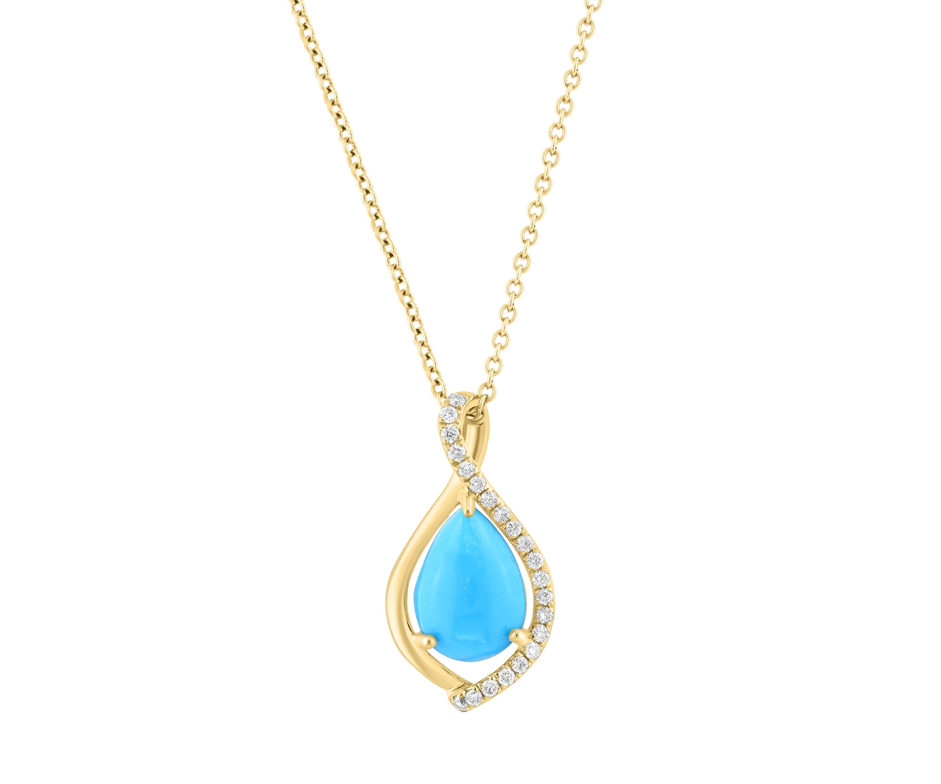 14K Yellow Gold Diamond, Turquoise Pendant 