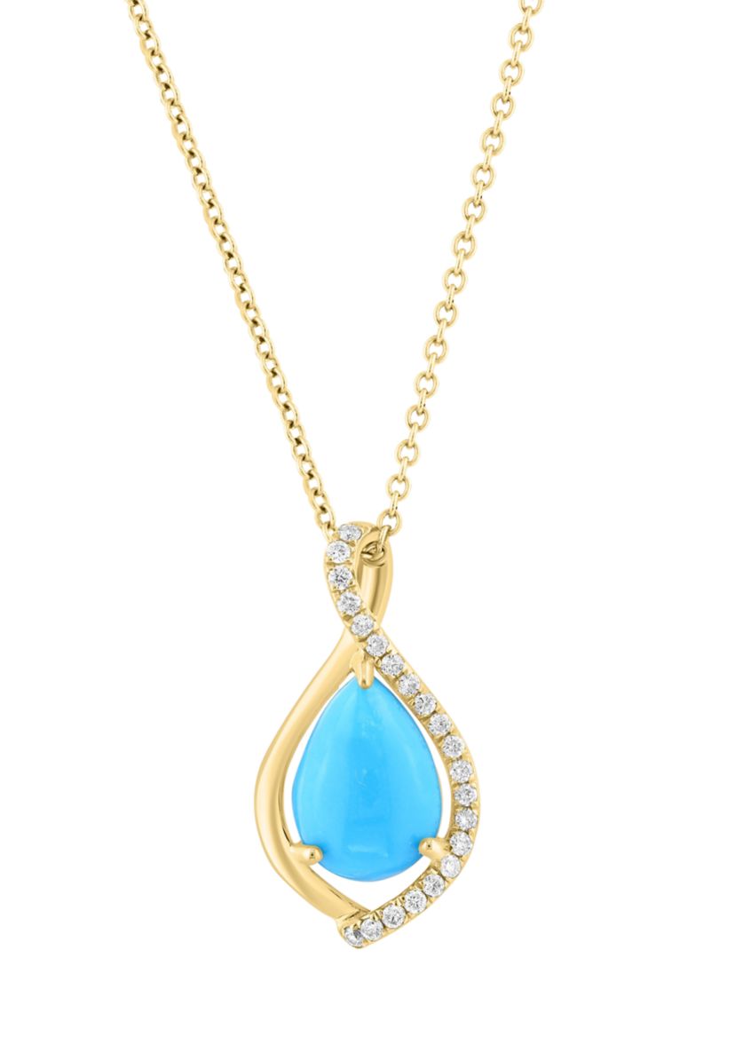 14K Yellow Gold Diamond, Turquoise Pendant 