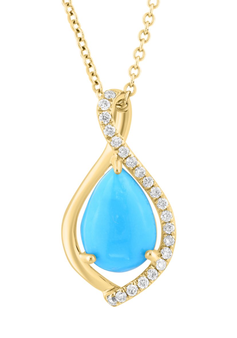14K Yellow Gold Diamond, Turquoise Pendant 