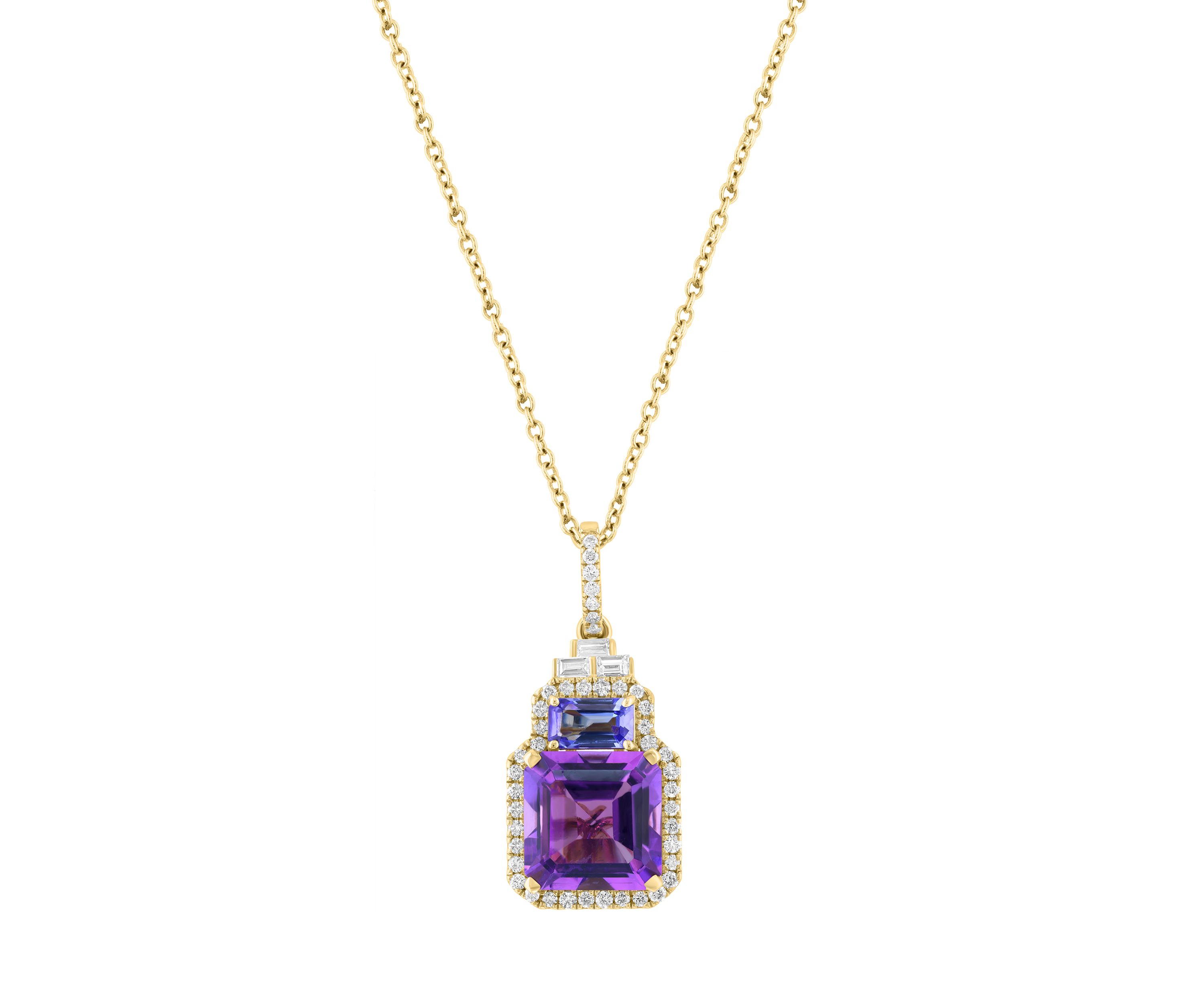 1/4 ct. t.w. Diamond, Amethyst and Tanzanite Pendant Necklace in 14K Yellow Gold