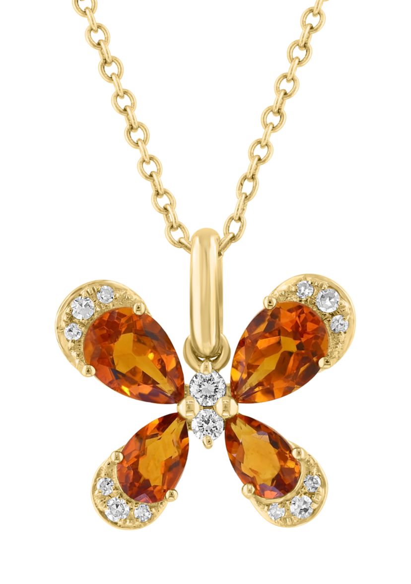 1/10 ct. t.w. Diamond and Citrine Butterfly Necklace in 14K Yellow Gold