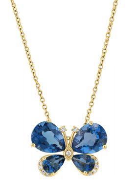 Effy 1/10 ct. t.w. Diamond and 5.5 ct. t.w. London Blue Topaz Butterfly Pendant Necklace in 14K Yellow Gold, 16 in