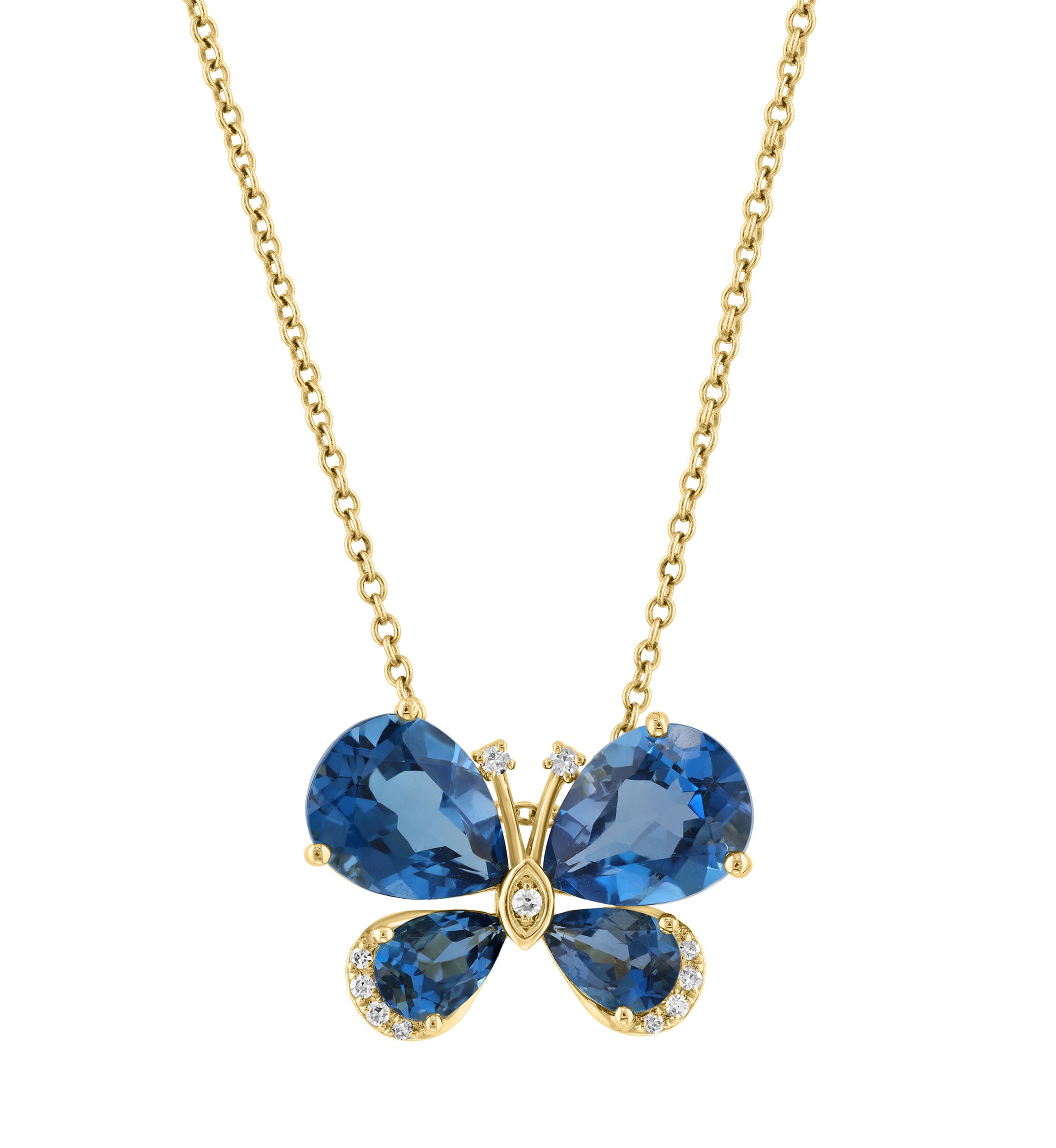 1/10 ct. t.w. Diamond and 5.5 ct. t.w. London Blue Topaz Butterfly Pendant Necklace in 14K Yellow Gold