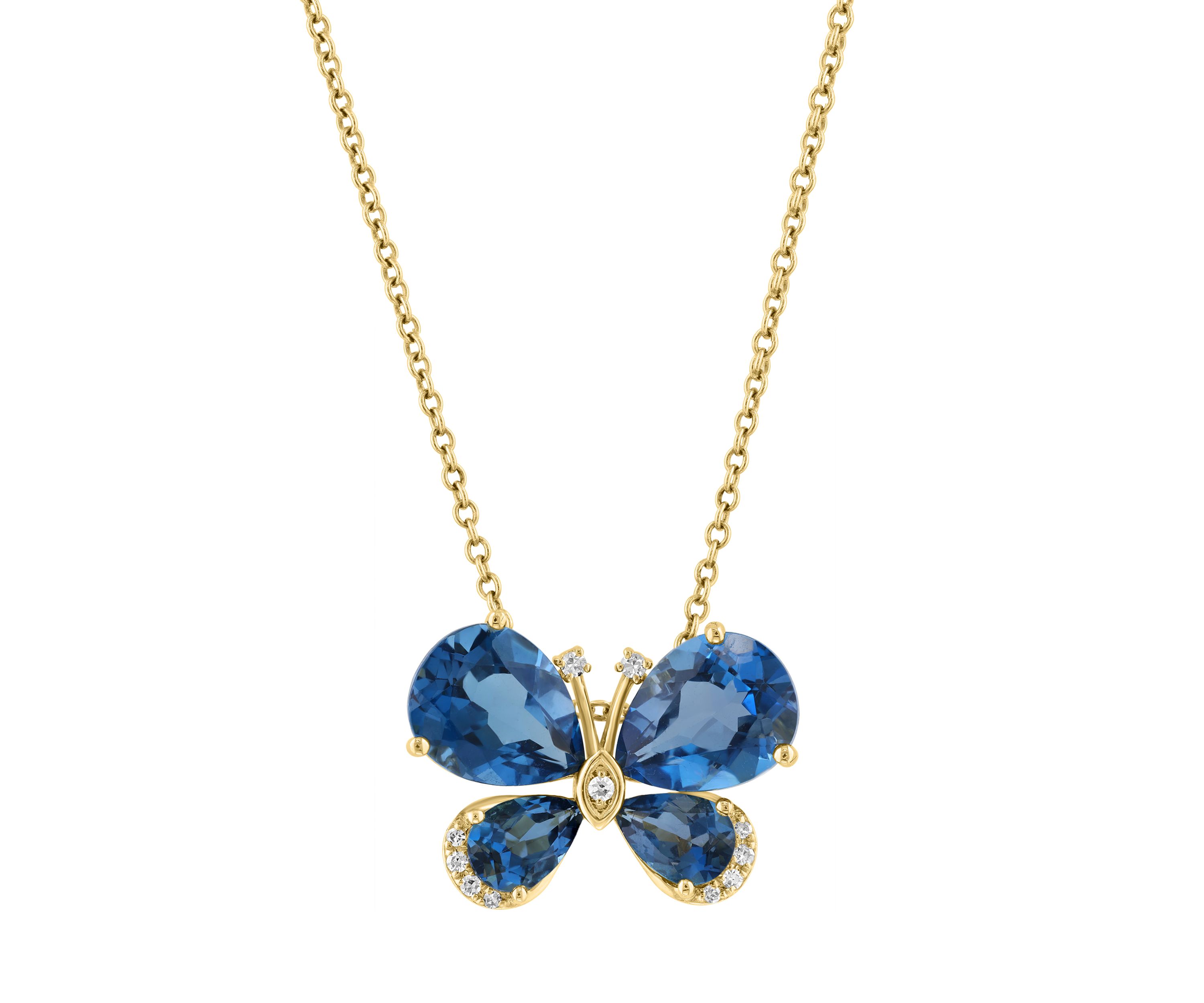 1/10 ct. t.w. Diamond and 5.5 ct. t.w. London Blue Topaz Butterfly Pendant Necklace in 14K Yellow Gold