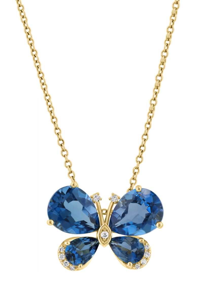 1/10 ct. t.w. Diamond and 5.5 ct. t.w. London Blue Topaz Butterfly Pendant Necklace in 14K Yellow Gold