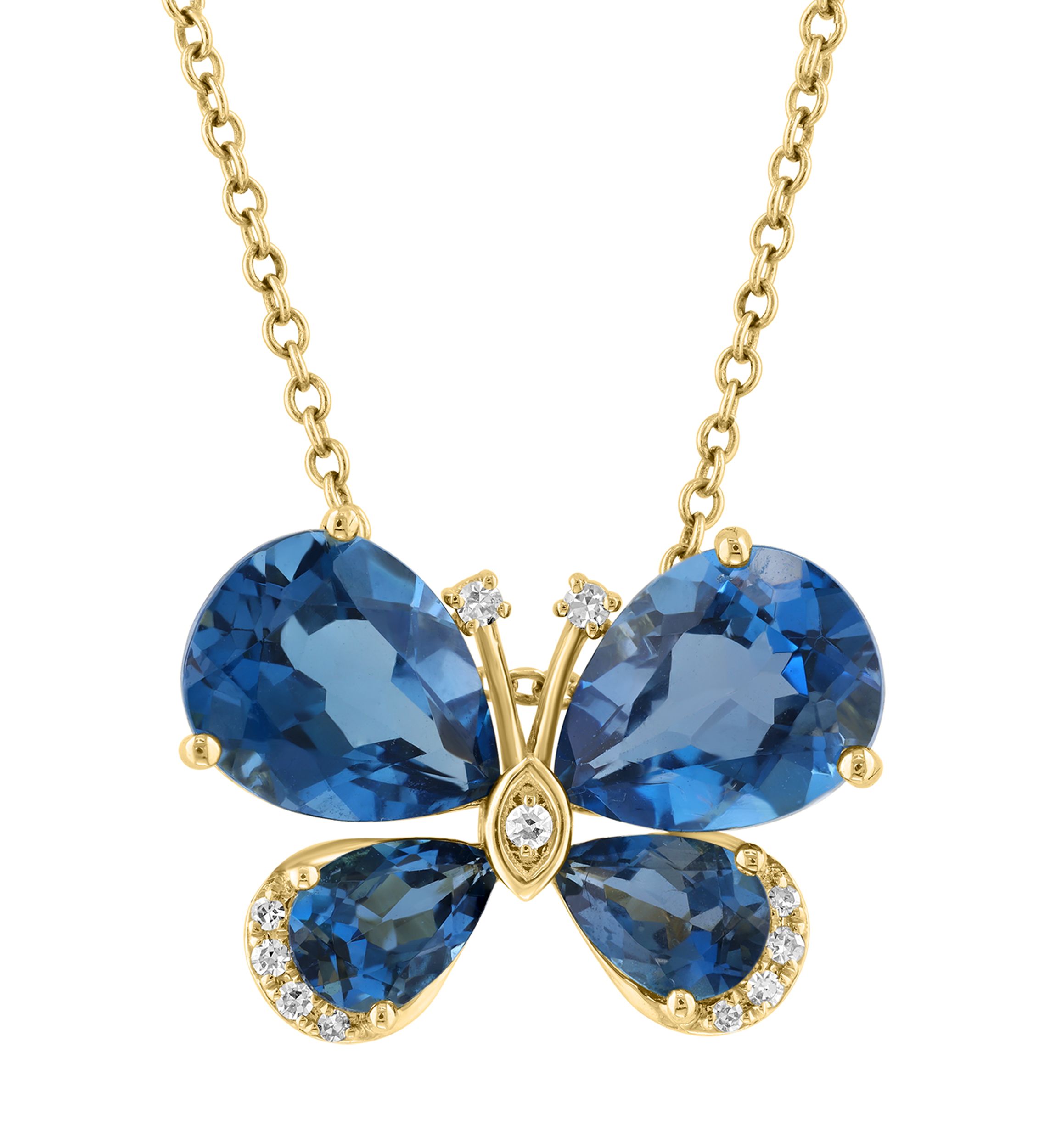 1/10 ct. t.w. Diamond and 5.5 ct. t.w. London Blue Topaz Butterfly Pendant Necklace in 14K Yellow Gold