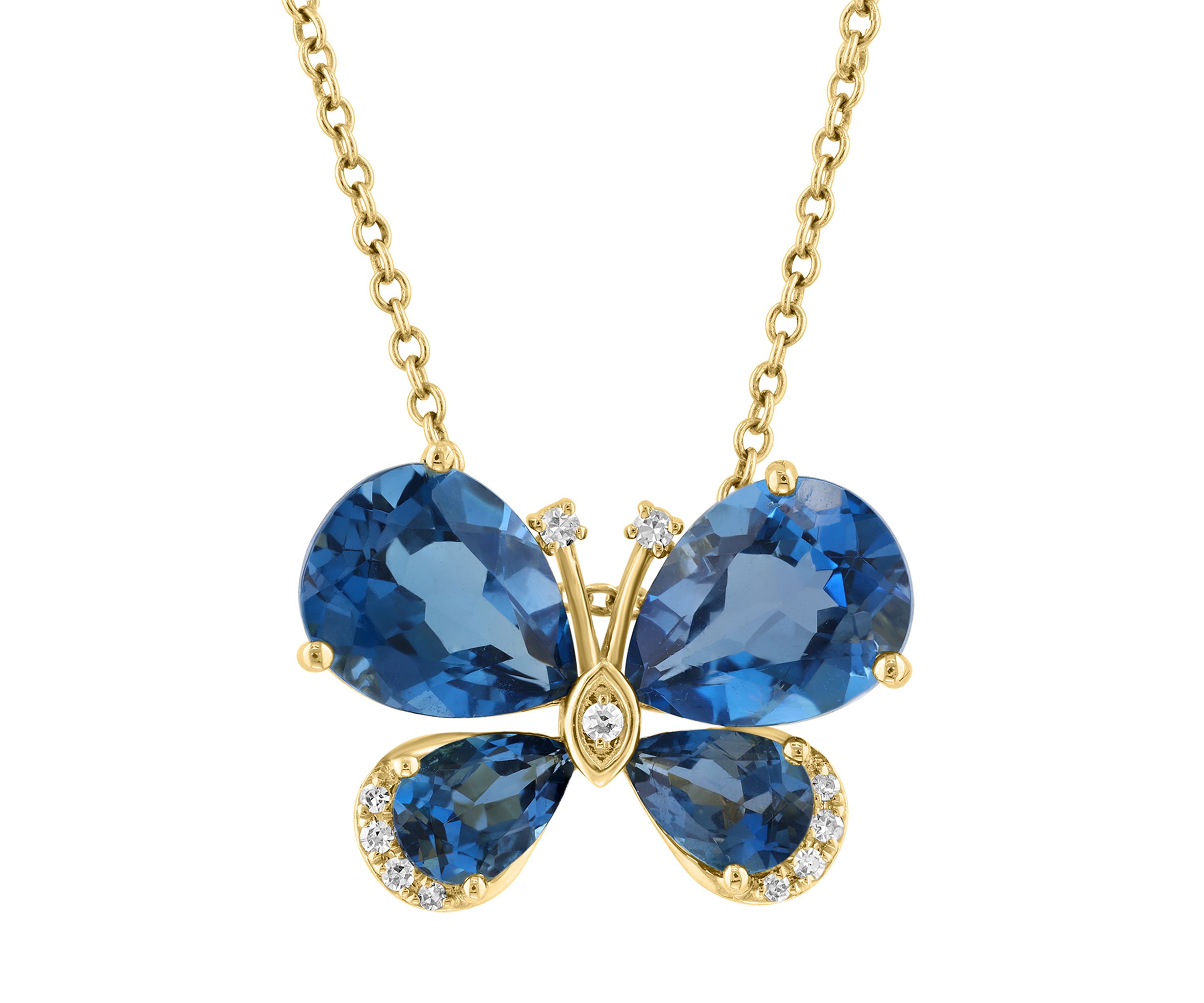 1/10 ct. t.w. Diamond and 5.5 ct. t.w. London Blue Topaz Butterfly Pendant Necklace in 14K Yellow Gold