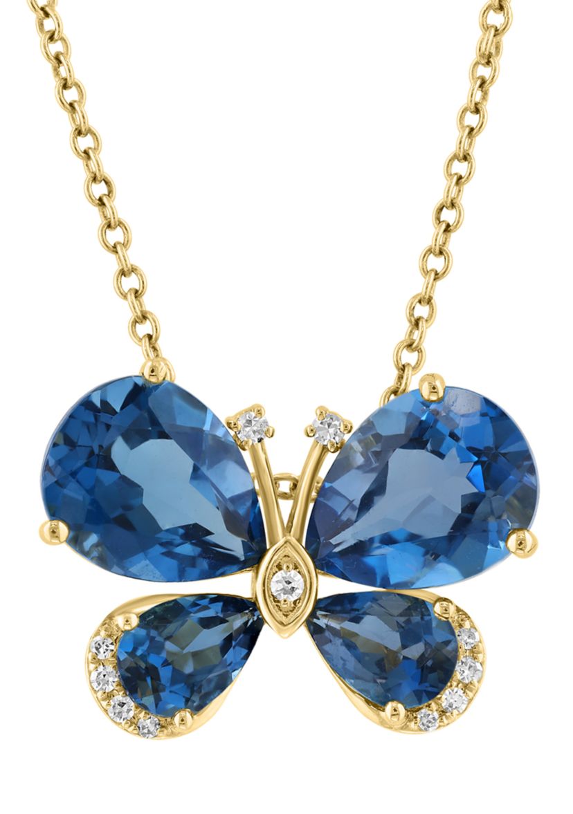 1/10 ct. t.w. Diamond and 5.5 ct. t.w. London Blue Topaz Butterfly Pendant Necklace in 14K Yellow Gold