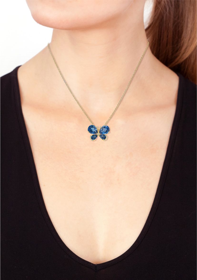 1/10 ct. t.w. Diamond and 5.5 ct. t.w. London Blue Topaz Butterfly Pendant Necklace in 14K Yellow Gold