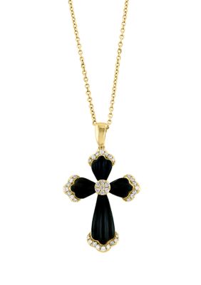Effy 1/6 Ct. T.w. Diamond And Onyx Cross Pendant Necklace In 14K Yellow Gold