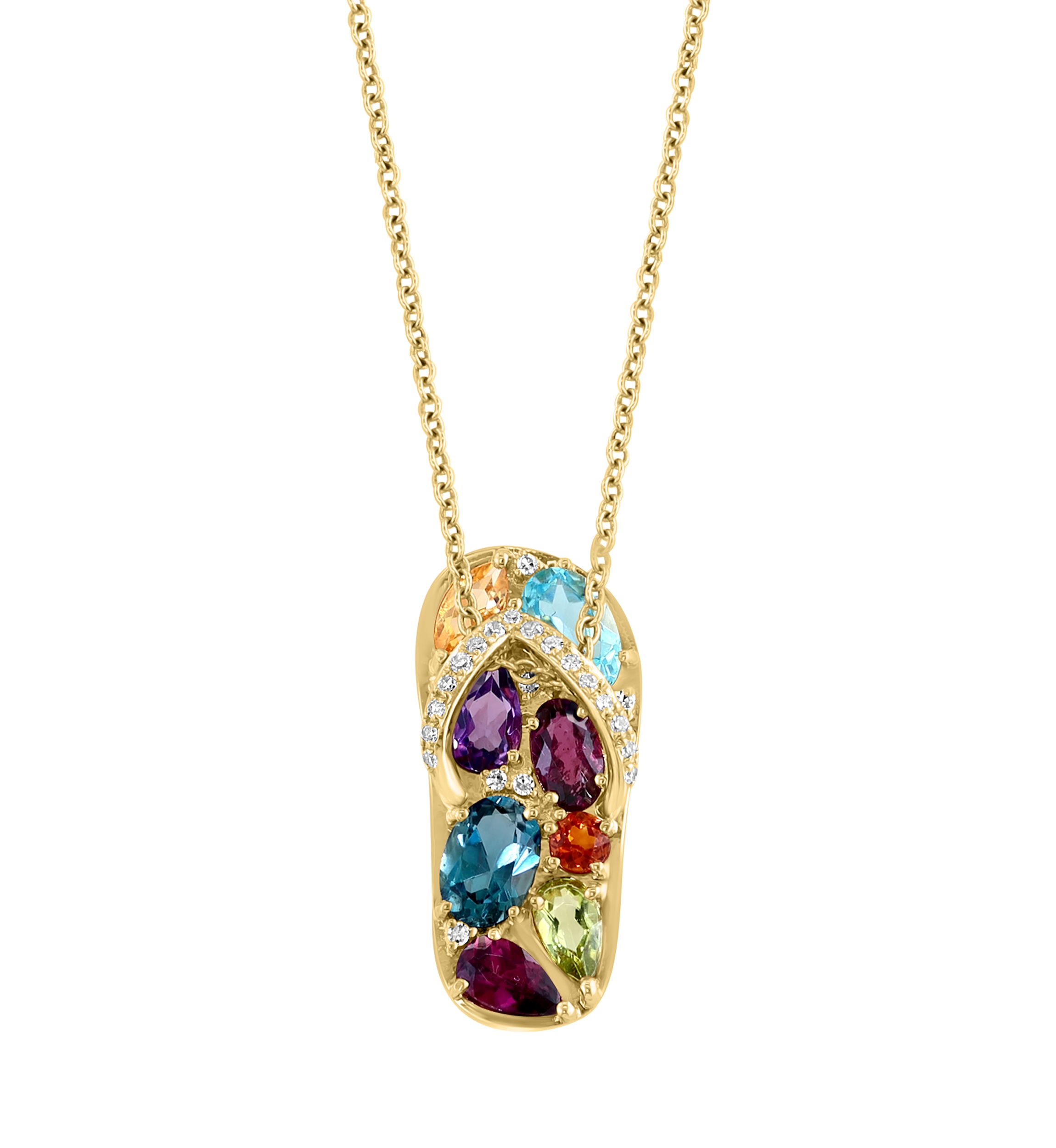 1/10 ct. t.w. Diamond, Amethyst, Blue Topaz, London Blue Topaz, Citrine, Madera Citrine, Rhodolite, and Peridot Pendant Necklace in 14K Yellow Gold