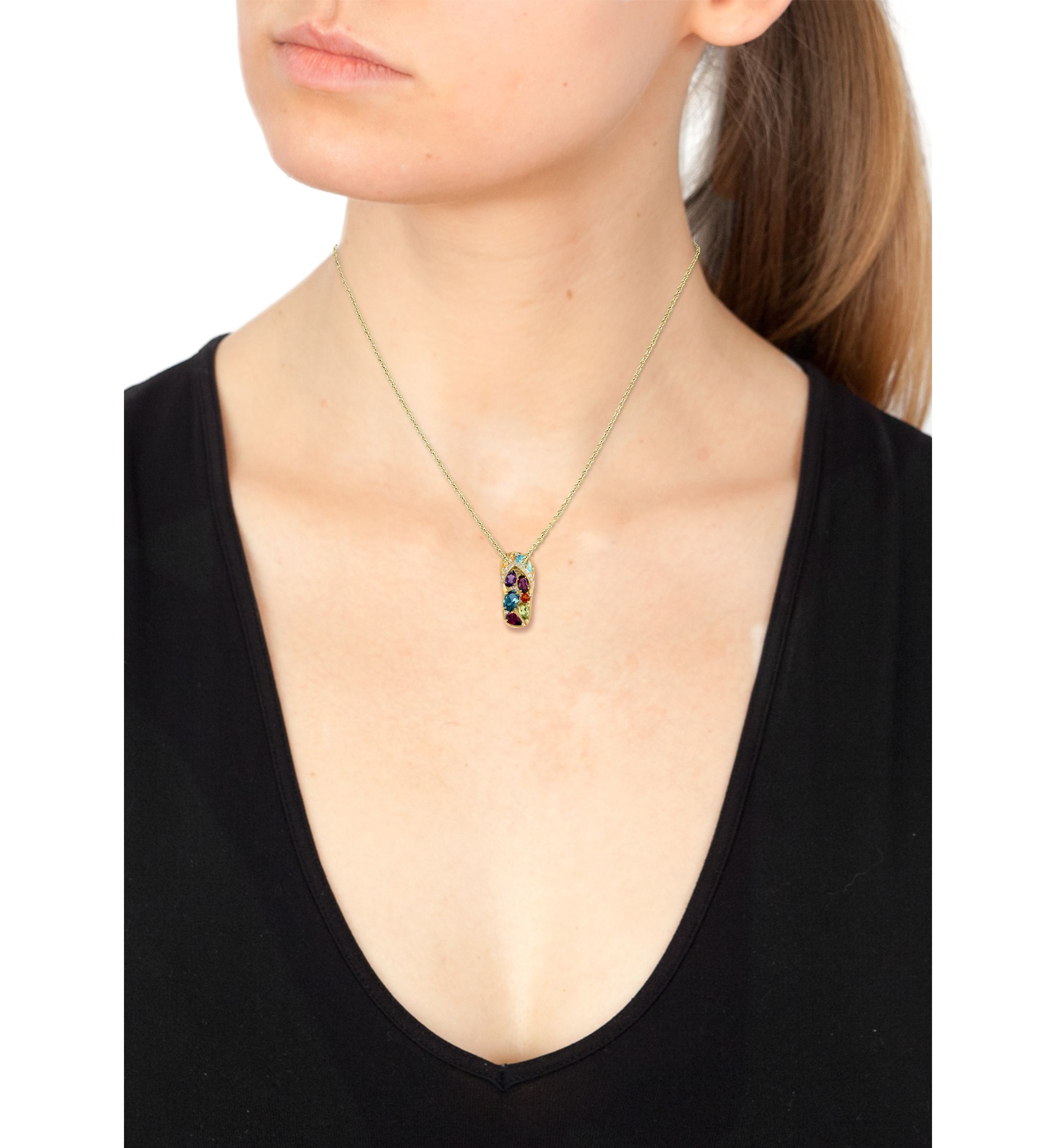 1/10 ct. t.w. Diamond, Amethyst, Blue Topaz, London Blue Topaz, Citrine, Madera Citrine, Rhodolite, and Peridot Pendant Necklace in 14K Yellow Gold