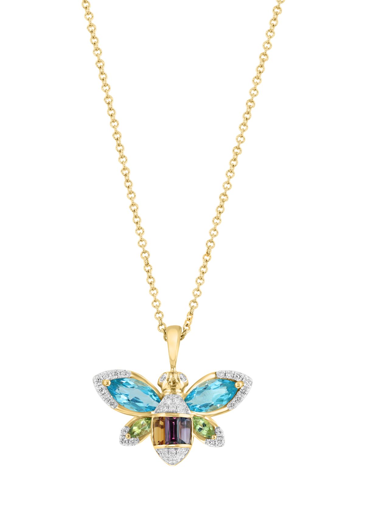1/6 ct. t.w. Diamond, Amethyst, Blue Topaz, Citrine, Rhodolite, Peridot Bee Pendant Necklace In 14K Yellow Gold 