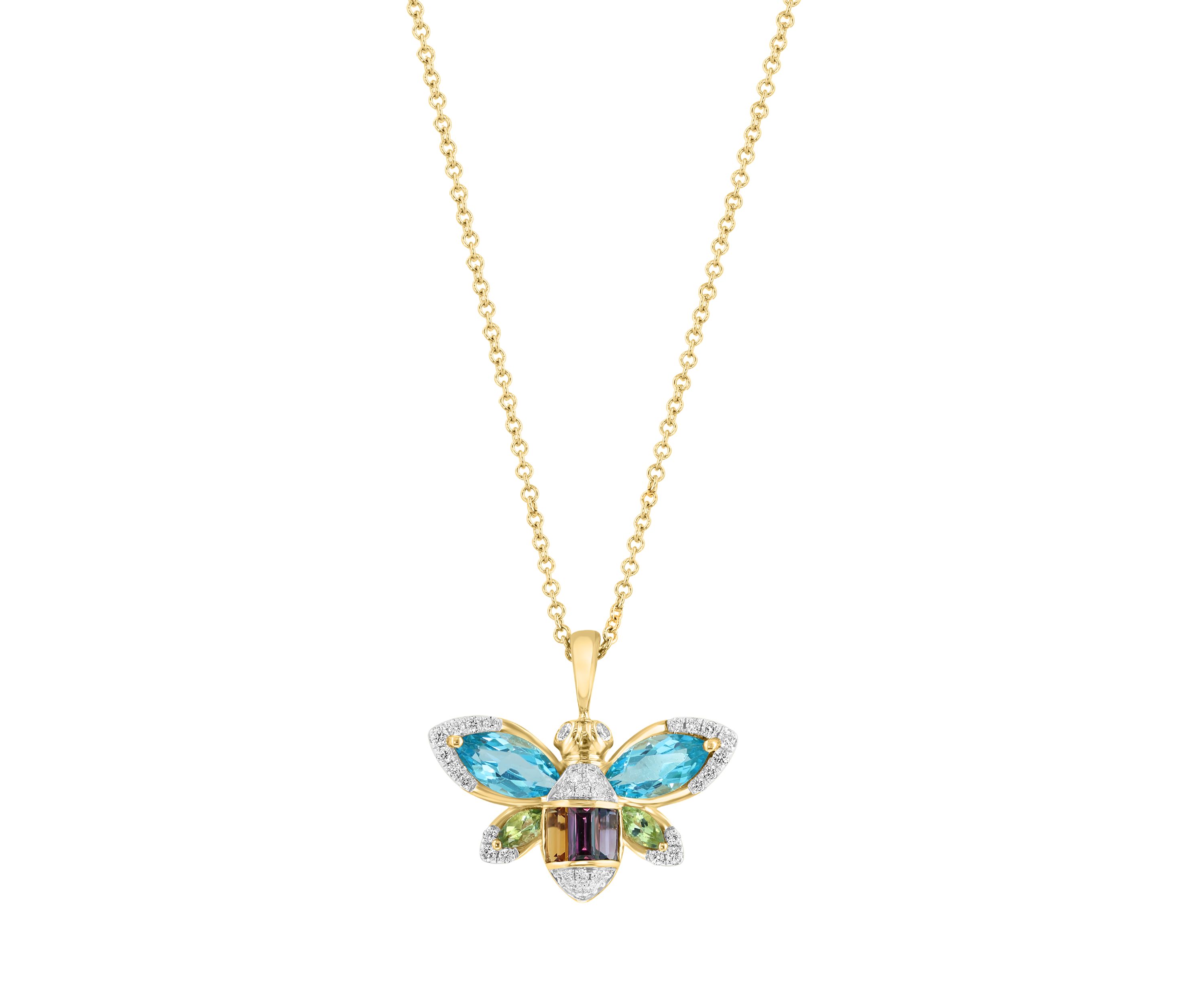 1/6 ct. t.w. Diamond, Amethyst, Blue Topaz, Citrine, Rhodolite, Peridot Bee Pendant Necklace In 14K Yellow Gold 