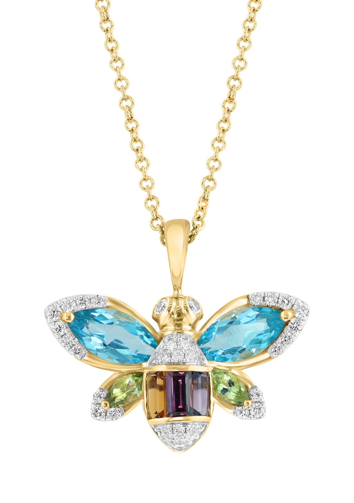 1/6 ct. t.w. Diamond, Amethyst, Blue Topaz, Citrine, Rhodolite, Peridot Bee Pendant Necklace In 14K Yellow Gold 