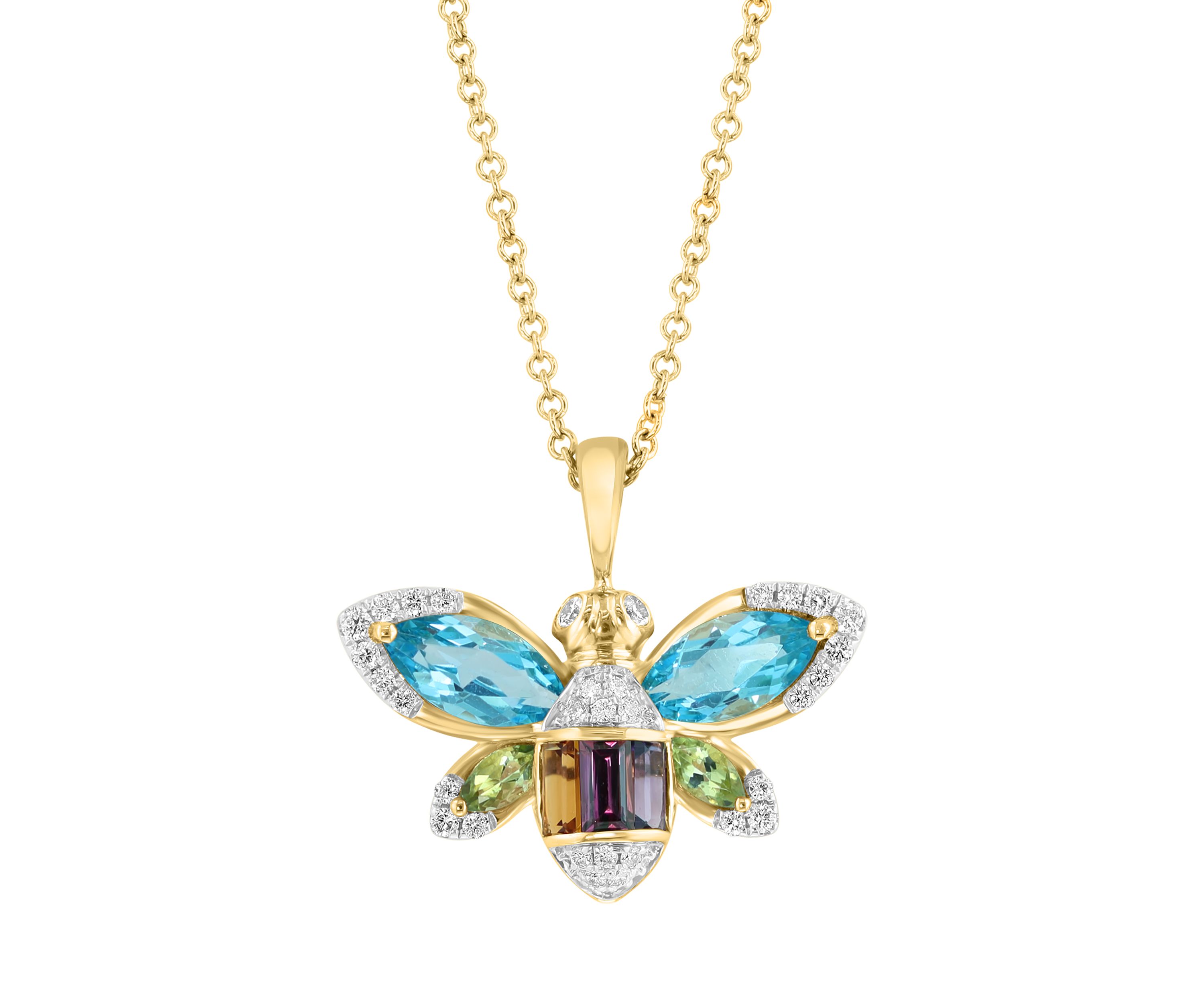 1/6 ct. t.w. Diamond, Amethyst, Blue Topaz, Citrine, Rhodolite, Peridot Bee Pendant Necklace In 14K Yellow Gold 