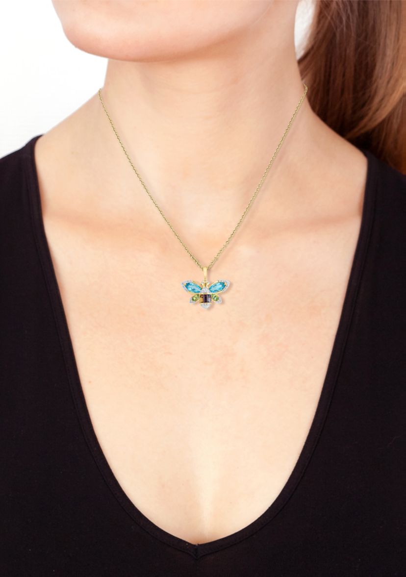 1/6 ct. t.w. Diamond, Amethyst, Blue Topaz, Citrine, Rhodolite, Peridot Bee Pendant Necklace In 14K Yellow Gold 