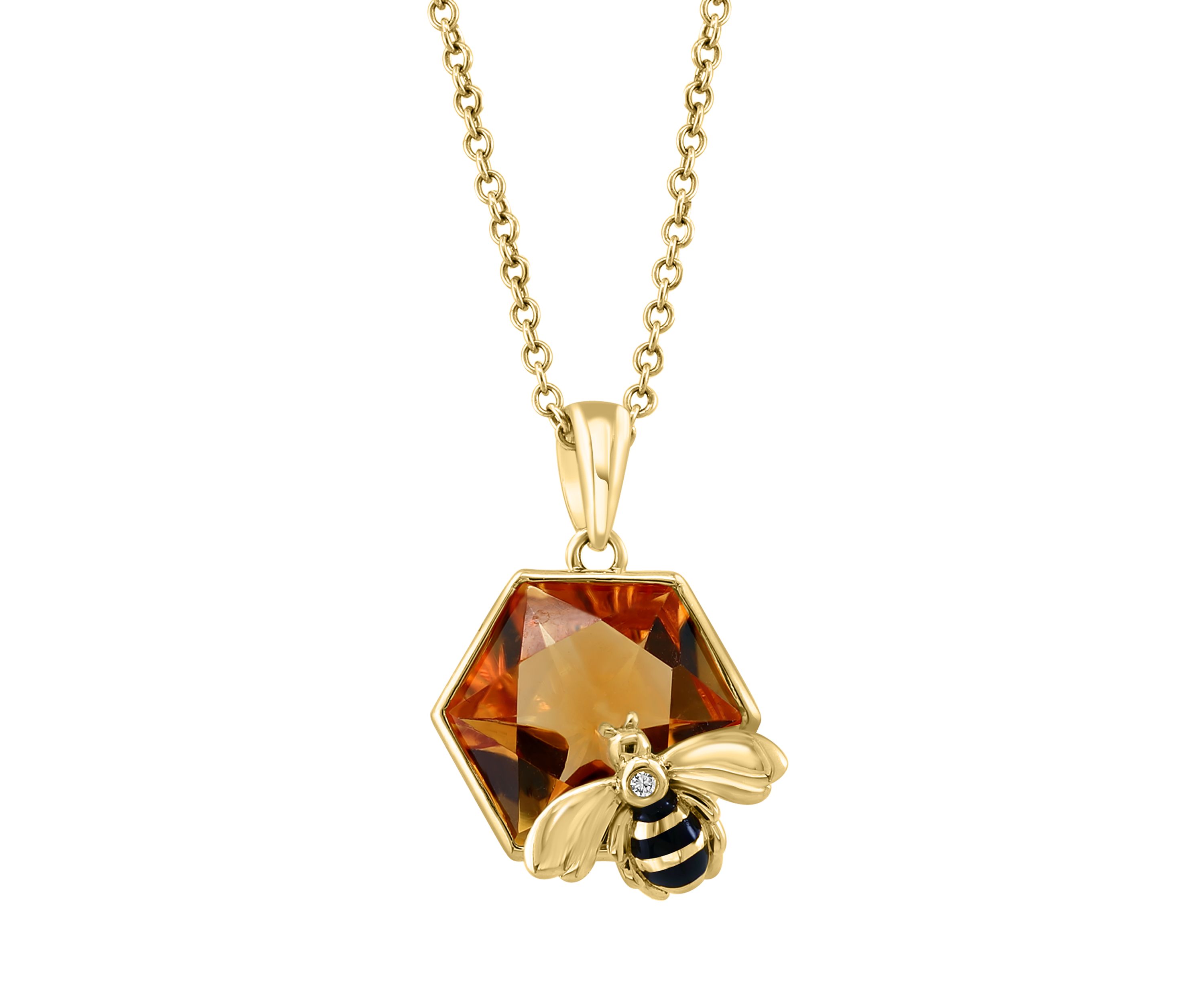 Diamond and Citrine Bee Pendant Necklace in 14K Yellow Gold