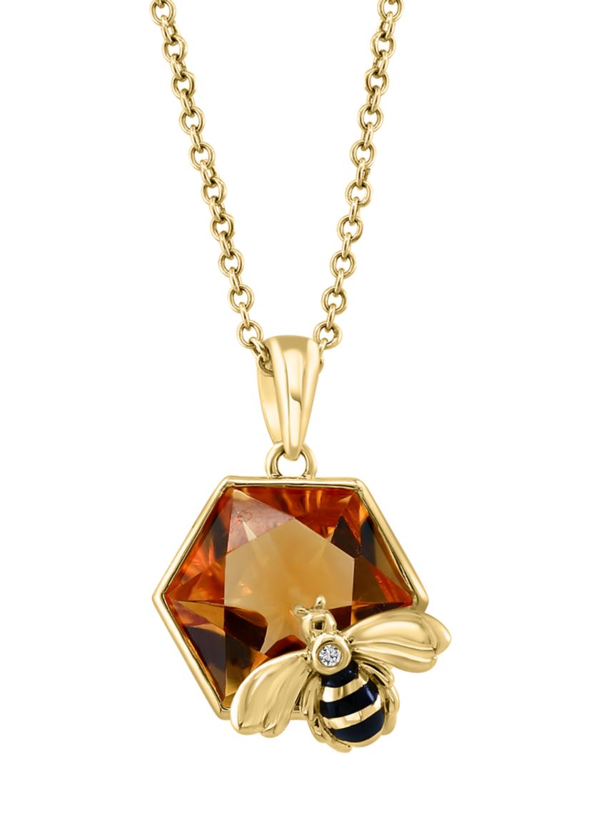 Diamond and Citrine Bee Pendant Necklace in 14K Yellow Gold