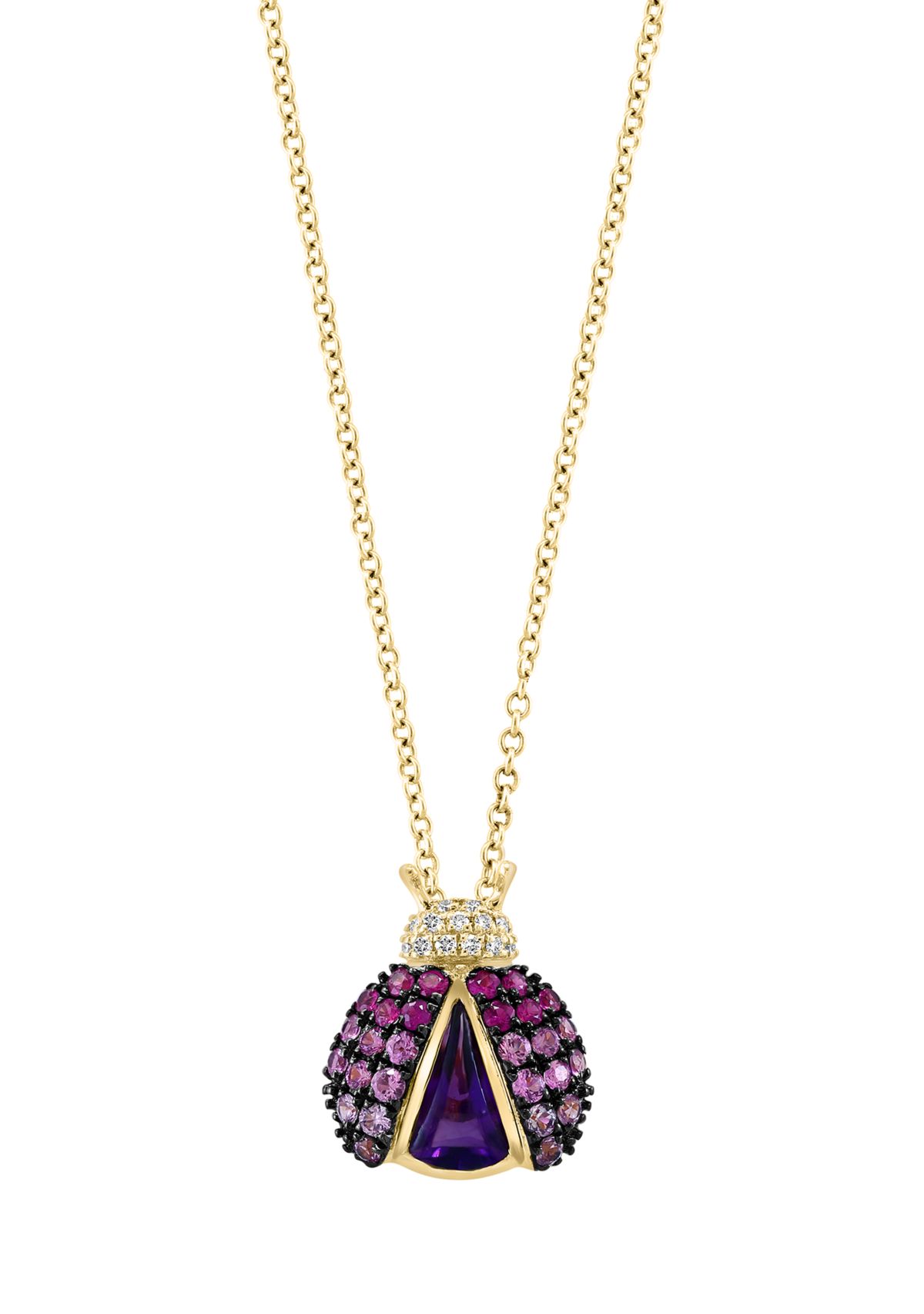Diamond, Amethyst and Pink Sapphire Ladybug Pendant Necklace in 14K Yellow Gold
