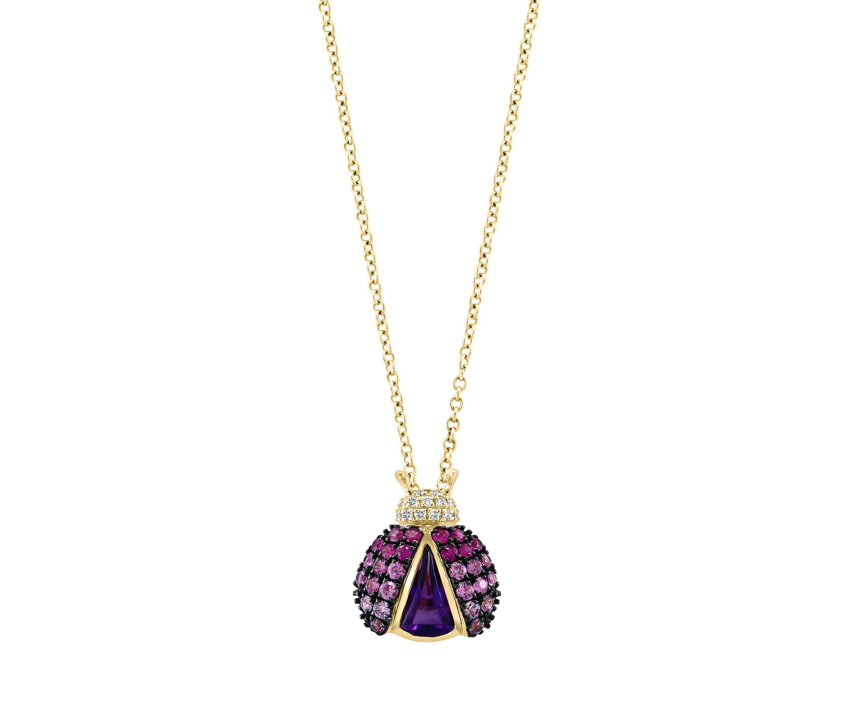 Diamond, Amethyst and Pink Sapphire Ladybug Pendant Necklace in 14K Yellow Gold