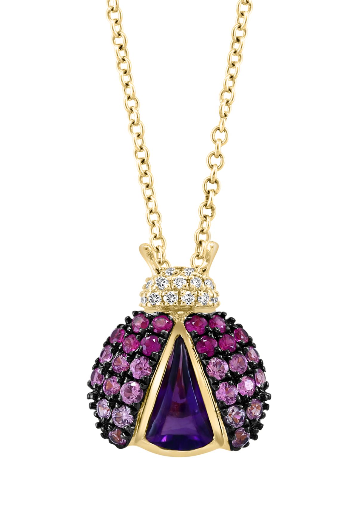 Diamond, Amethyst and Pink Sapphire Ladybug Pendant Necklace in 14K Yellow Gold