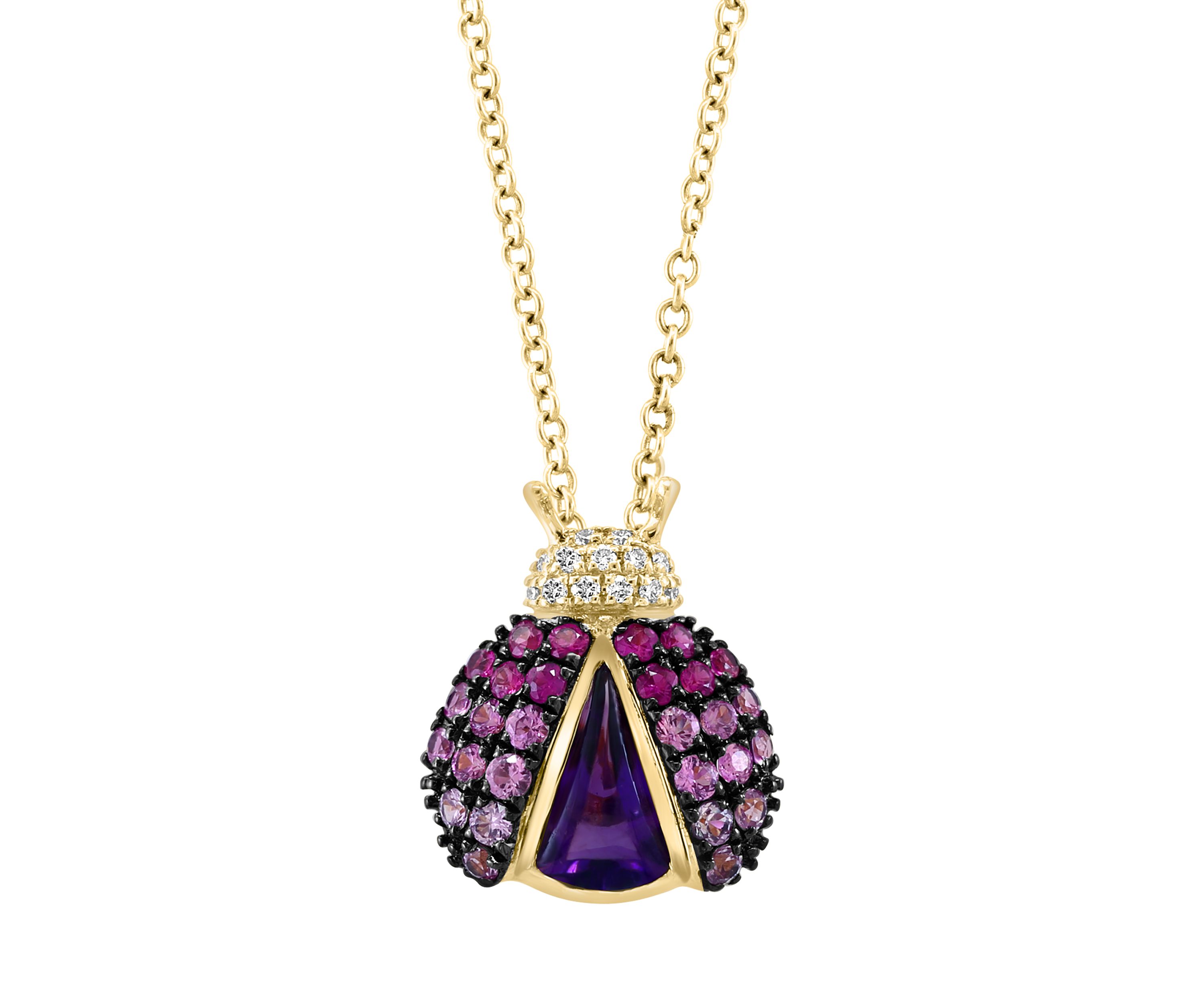 Diamond, Amethyst and Pink Sapphire Ladybug Pendant Necklace in 14K Yellow Gold