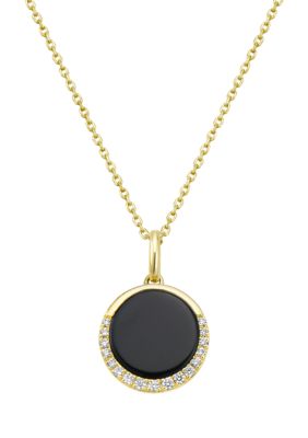 Effy 1/10 Ct. T.w. Round Diamond Onyx Pendant Necklace 14K Yellow Gold