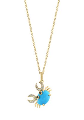 Effy 1/10 Ct. T.w. Diamond, Black Diamond, And Turquoise Crab Pendant Necklace In 14K Yellow Gold
