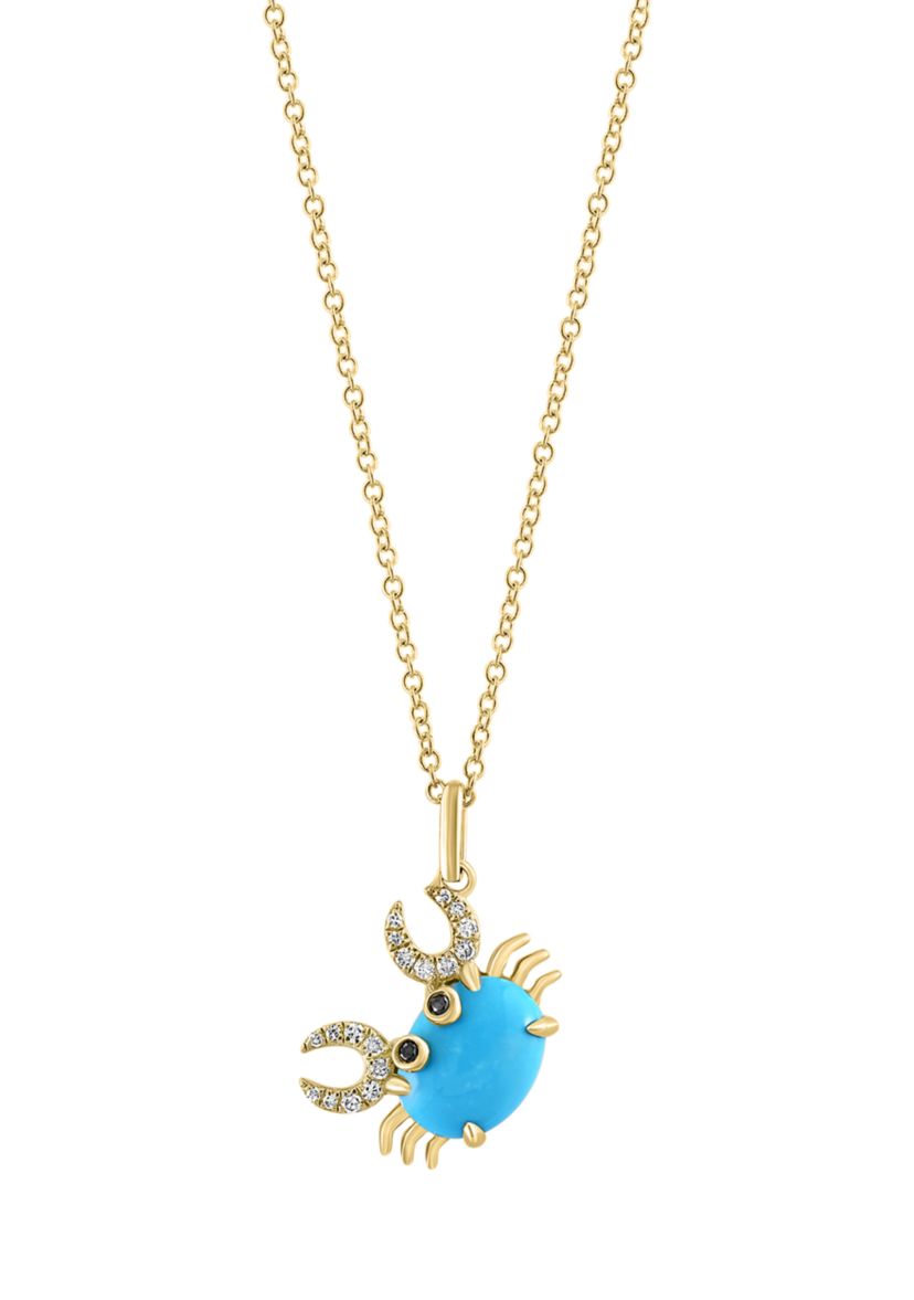 1/10 ct. t.w. Diamond, Black Diamond, and Turquoise Crab Pendant Necklace in 14K Yellow Gold
