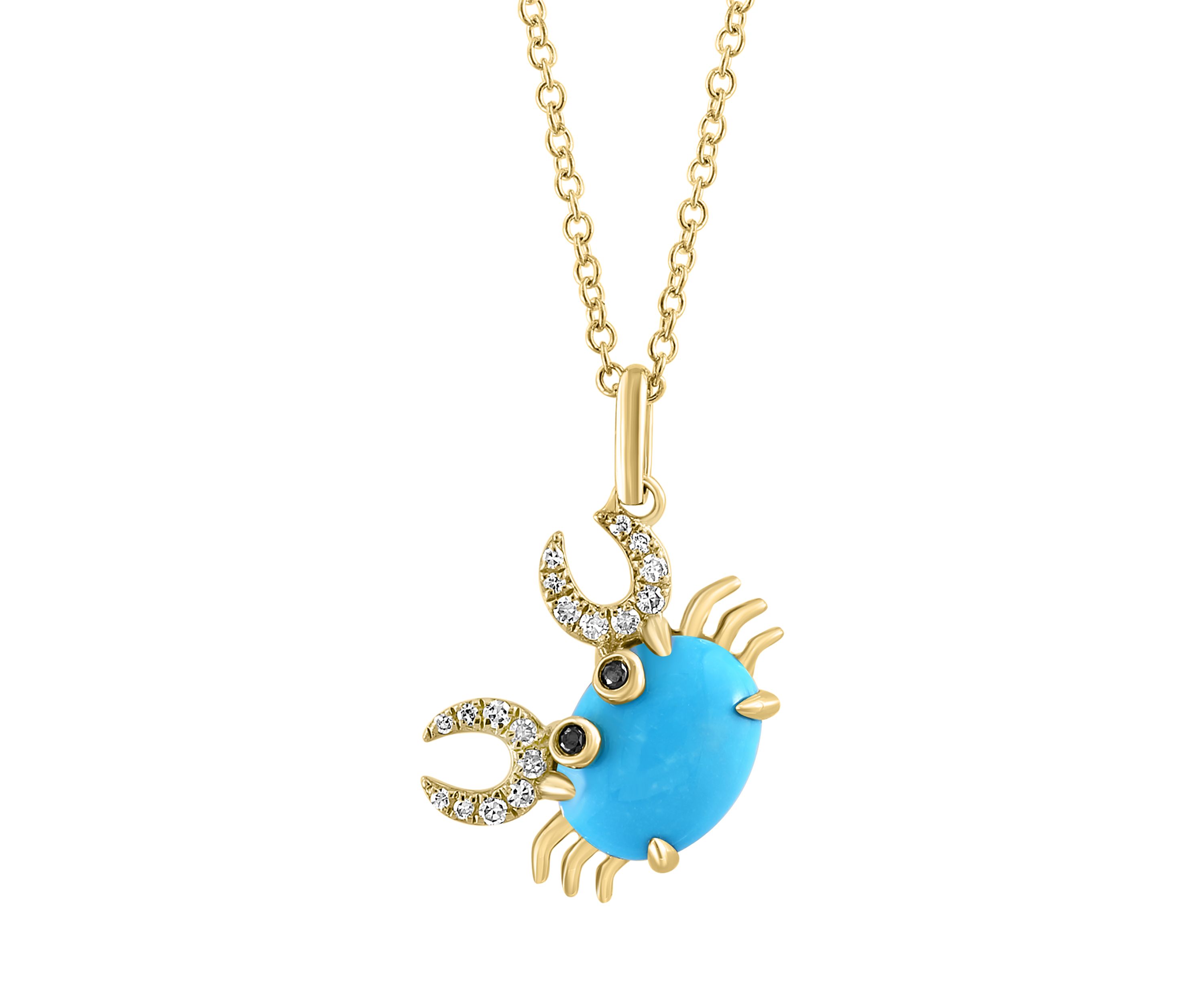 1/10 ct. t.w. Diamond, Black Diamond, and Turquoise Crab Pendant Necklace in 14K Yellow Gold