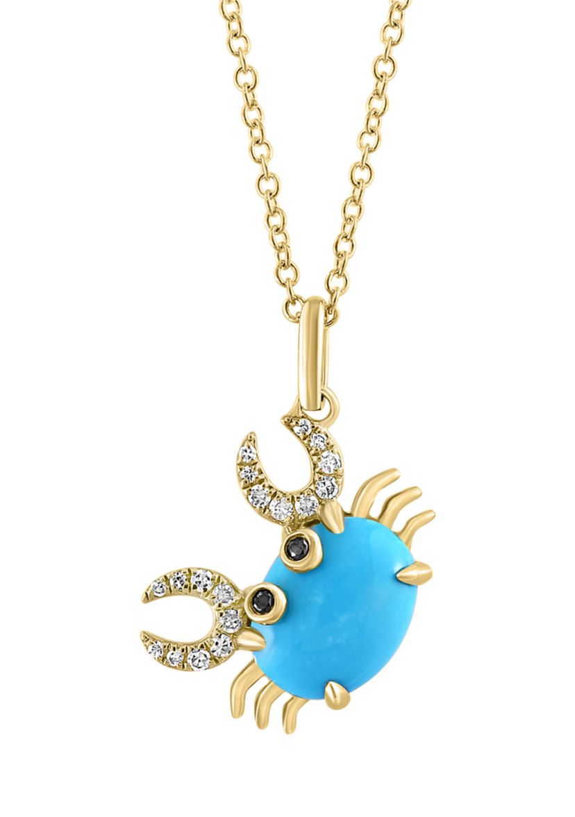1/10 ct. t.w. Diamond, Black Diamond, and Turquoise Crab Pendant Necklace in 14K Yellow Gold