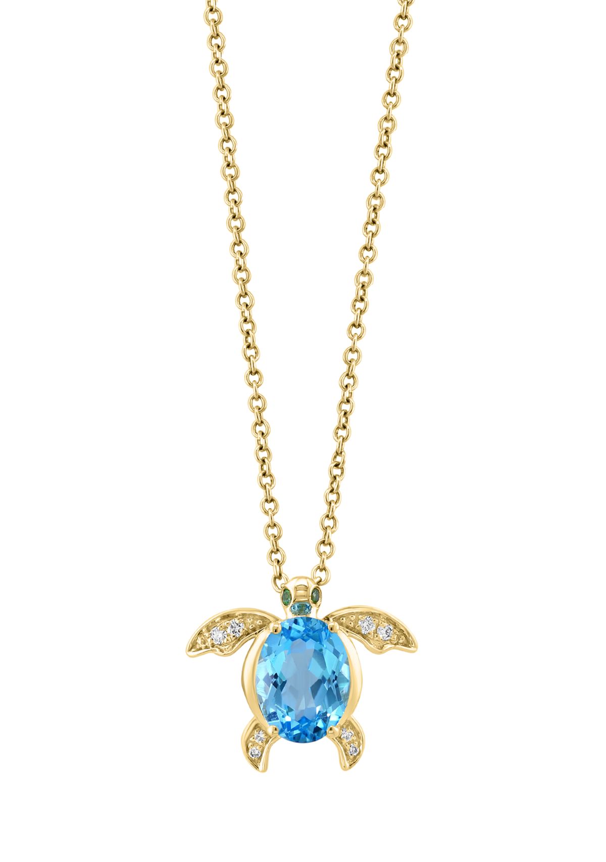 Diamond, Blue Topaz and Tsavorite Turtle Pendant Necklace in 14K Yellow Gold