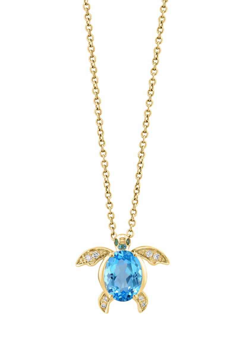Diamond, Blue Topaz and Tsavorite Turtle Pendant Necklace in 14K Yellow Gold