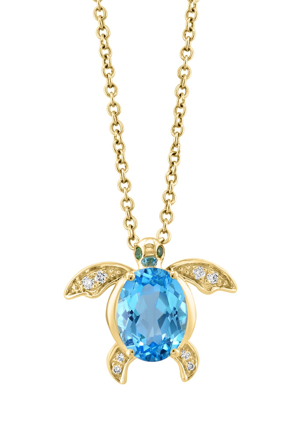 Diamond, Blue Topaz and Tsavorite Turtle Pendant Necklace in 14K Yellow Gold