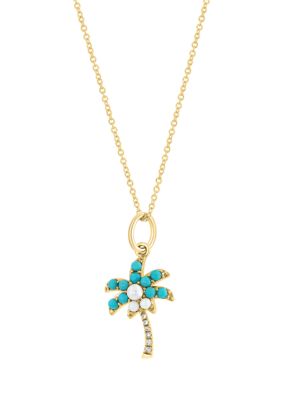 Effy Diamond, Freshwater Pearl And Turquoise Palm Tree Pendant Necklace In 14K Yellow Gold