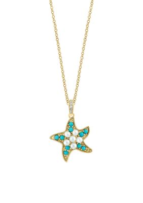 Effy Diamond, Freshwater Pearl, Turquoise Starfish Pendant Necklace In 14K Yellow Gold