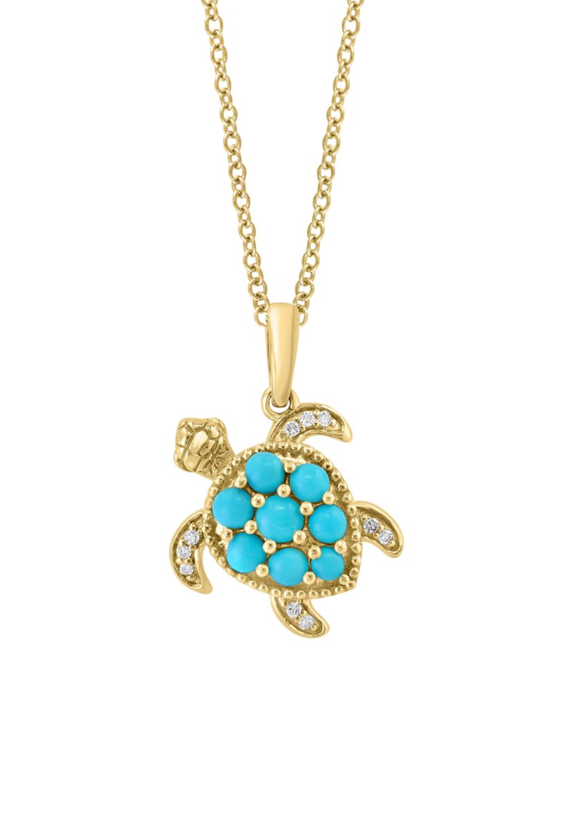Diamond, Turquoise Turtle Pendant Necklace in 14k Yellow Gold