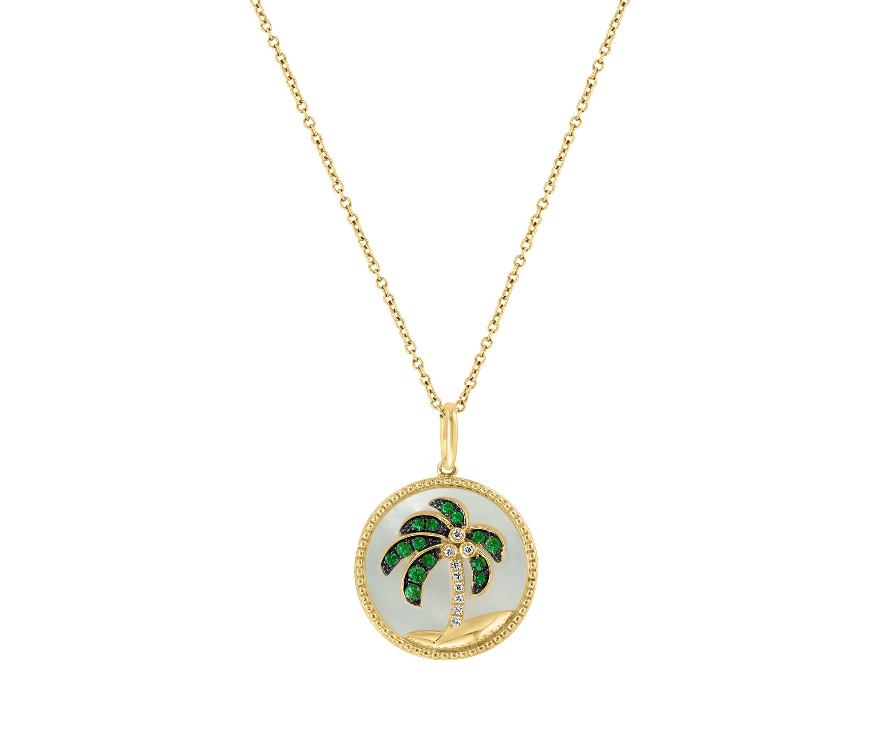 1/10 ct. t.w. Diamond, 4 ct. t.w. Tsavorite, Mother of Pearl Pendant Necklace in 14K Yellow Gold